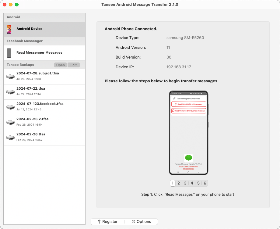 Копируйте SMS, MMS, сообщения RCS и сообщения WhatsApp с телефона Android на свой Mac.